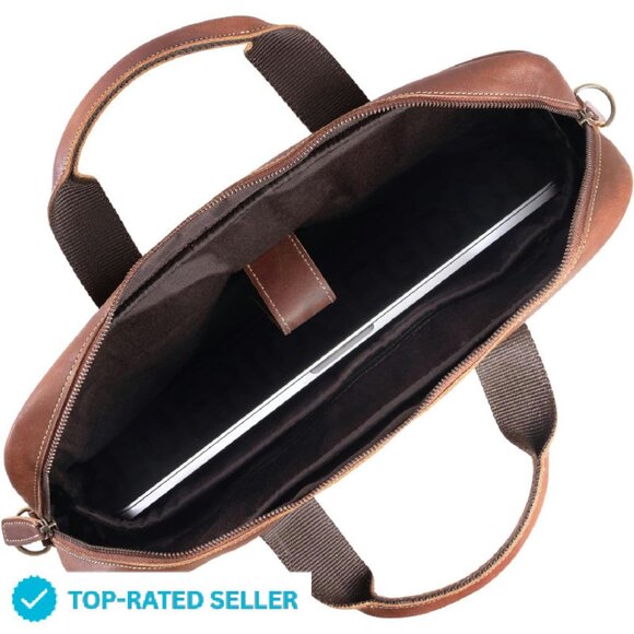 Leather Laptop Messenger Bag Classic Elegant Office Satchel Unisex Briefcase - Picture 3 of 4